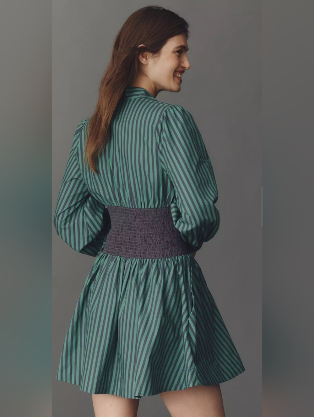 Anthropologie Teal and Black Striped V-Neck Mini Dress - Picture 3 of 7